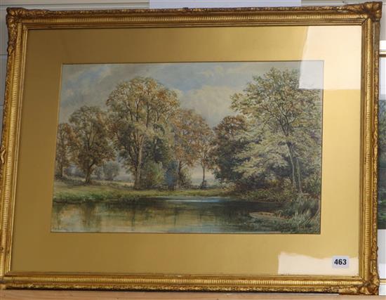 Henry Longley Lander (1836-1903), watercolour, River landscape, 33 x 50cm and a Jo Stewart pastel of Monets